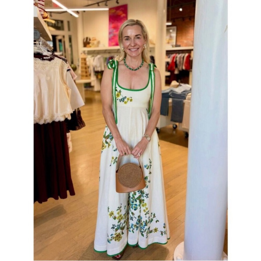 Alemais Phyllis White Floral Midi Dress with Green Trim
